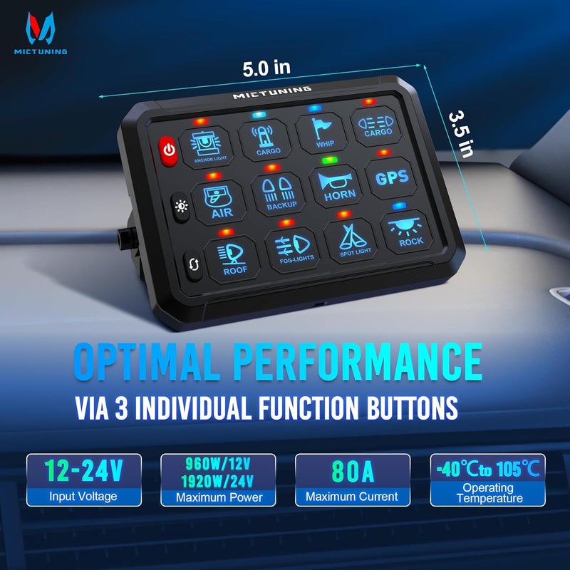 MICTUNING لوحة مفاتيح P1B 12 مجموعة زرقاء، مفتاح متعدد الوظائف مؤقت فلاش ستروب مع إضاءة خلفية مطفأة، نظام تحكم في الدائرة بمستوى سطوع 6 للتحكم في المرحلات لشاحنة RV الطرق الوعرة البحرية - Image 4